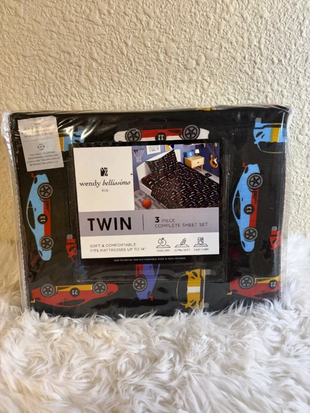 Wendy Bellissimo Kids Race Car Twin 3 Piece Sheet Set Cars Fast Bedding NWT